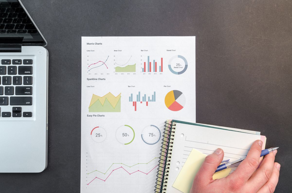 A desk with a laptop, a printed charts worksheet and a hand taking notes on a pad