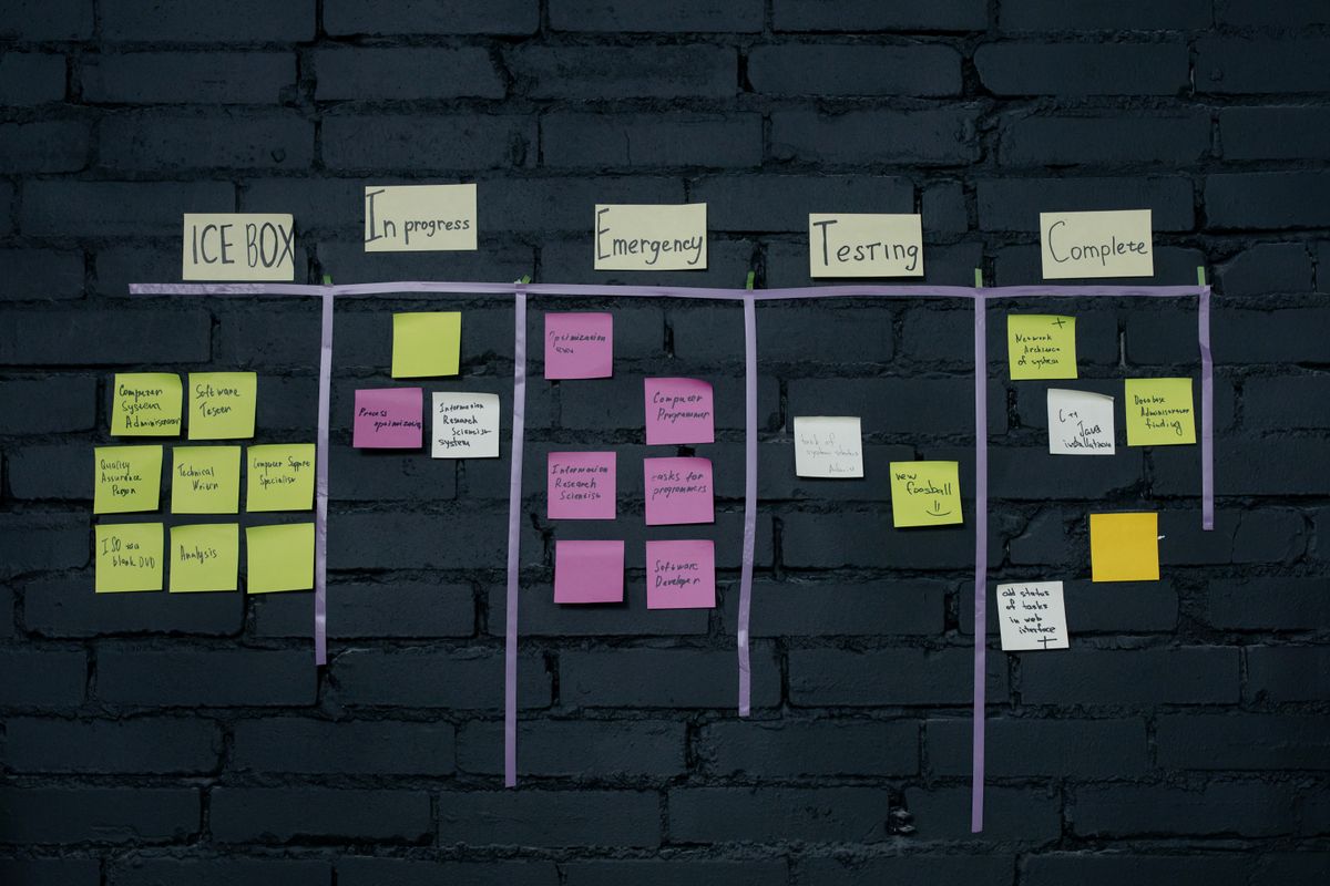 A kanban board of handwritten sticky notes on a dark brick wall, tasks spilling across five columns
